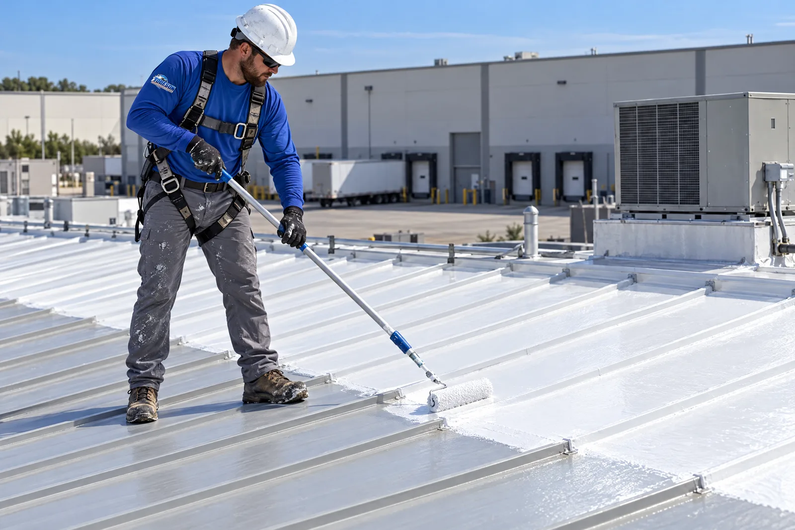 Worker applying acrylic coating on a commercial roof