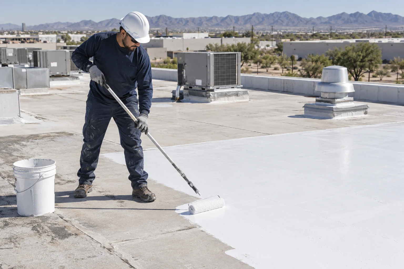 Roof technician rolling white acrylic roof coating onto a dry flat commercial roof