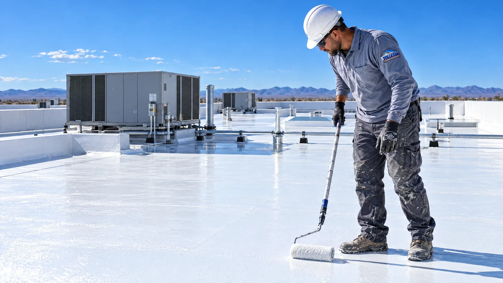 Commercial roof coating work on a low-slope industrial building