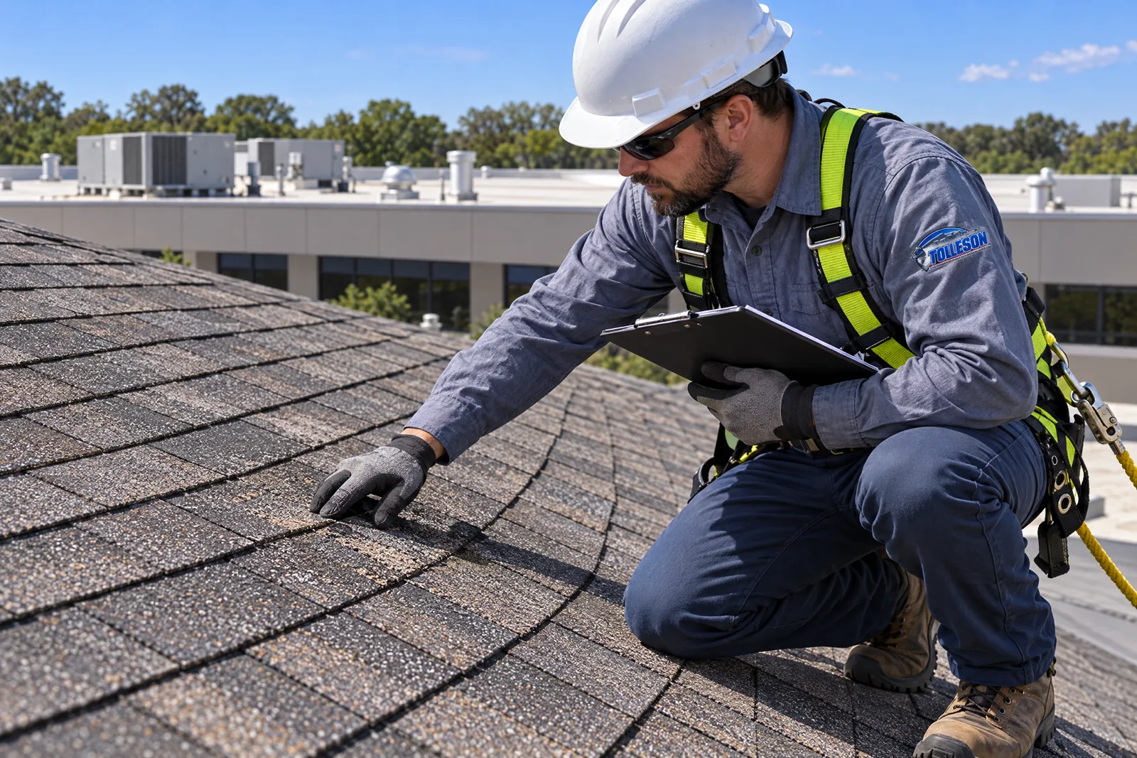 Commercial roofing professional inspecting asphalt shingles on a low-rise business building
