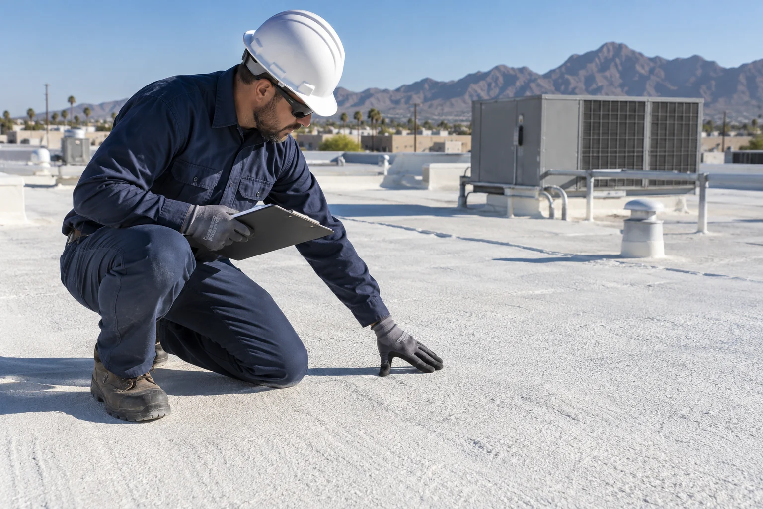 Roof inspector examines textured coated spray polyurethane foam on a commercial low-slope roof