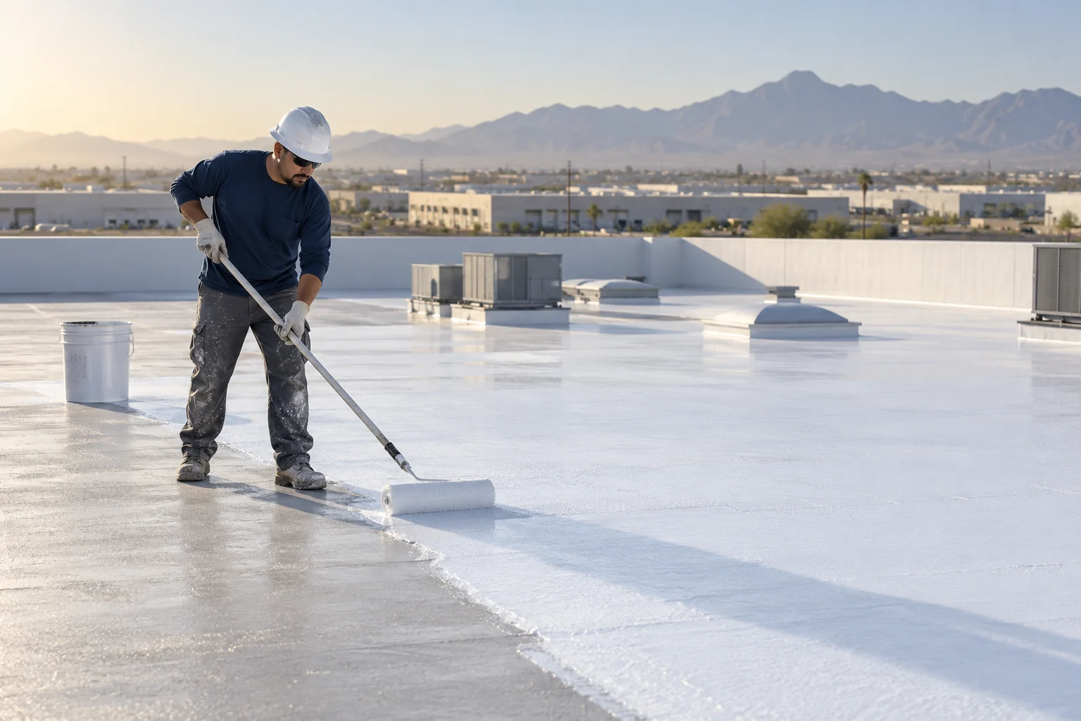 Roofer rolling white coating across a commercial warehouse roof