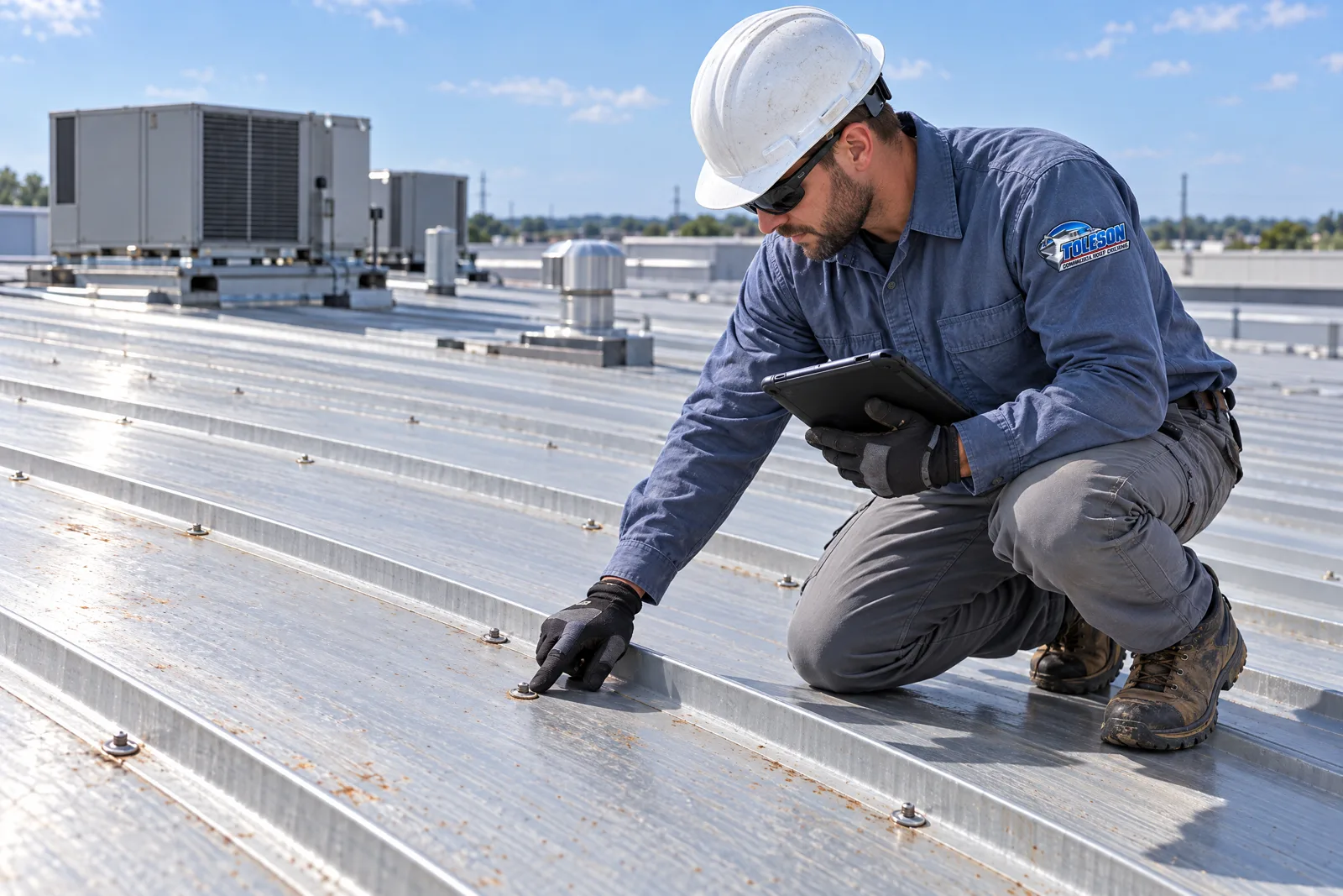 Worker inspecting seams on a commercial metal roof