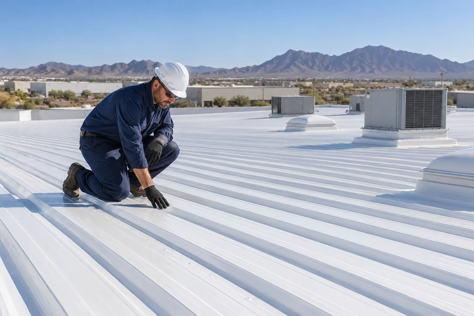 Roofer inspecting coated low-slope ribbed metal warehouse roof