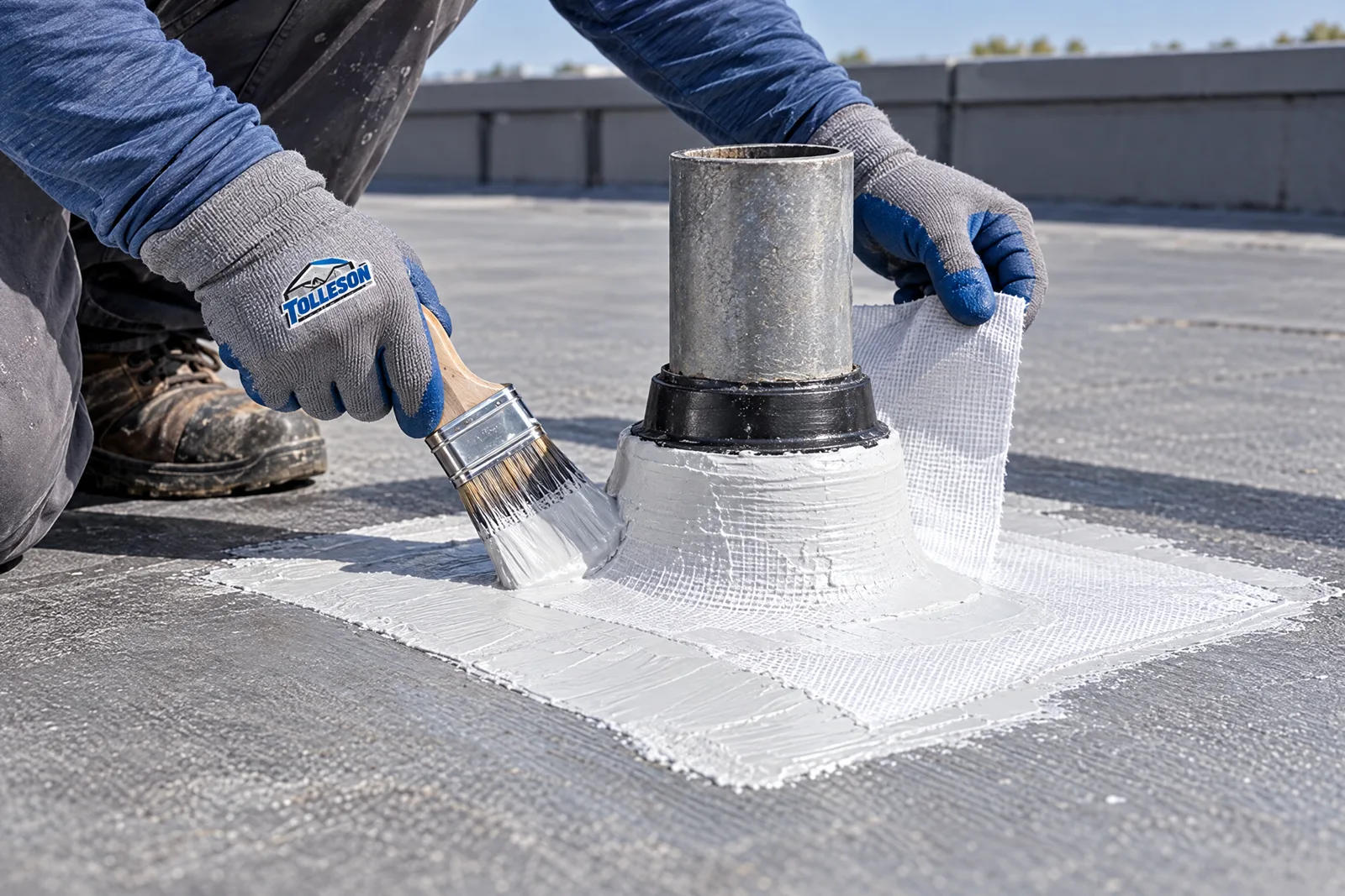 Worker preparing a commercial roof detail for coating