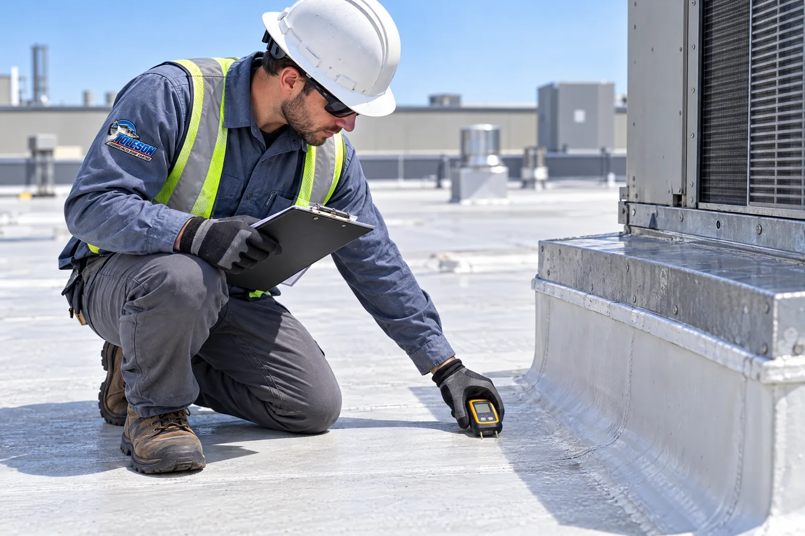 Commercial roofing worker inspecting an existing roof assembly