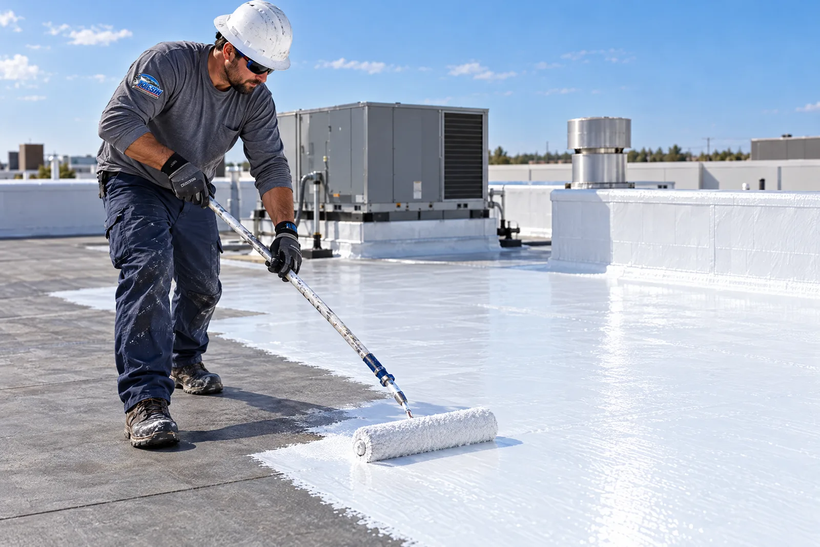 Worker applying silicone coating on a commercial roof