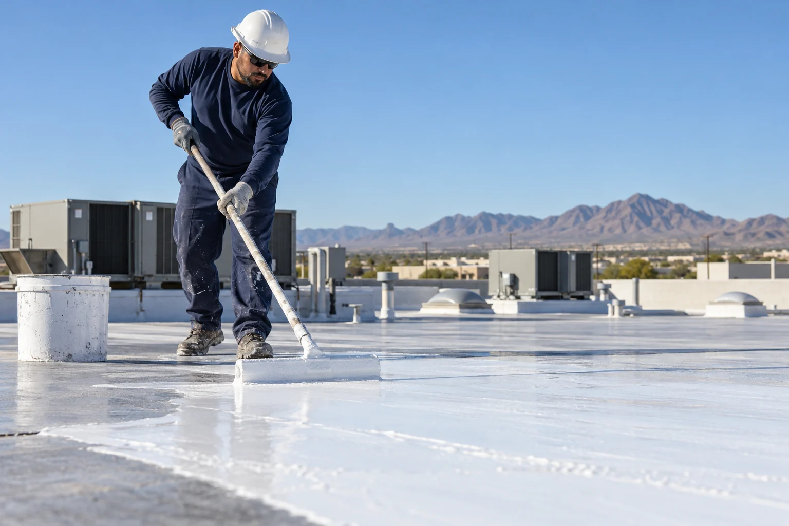 Worker spreading white silicone roof coating on a flat commercial roof
