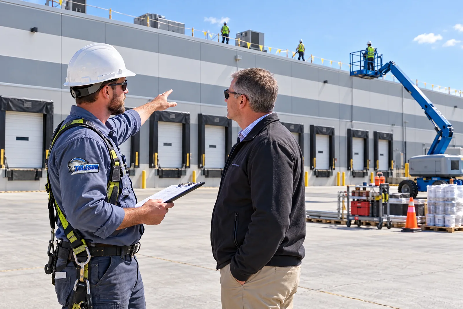 Worker accessing a commercial warehouse roof near rooftop equipment